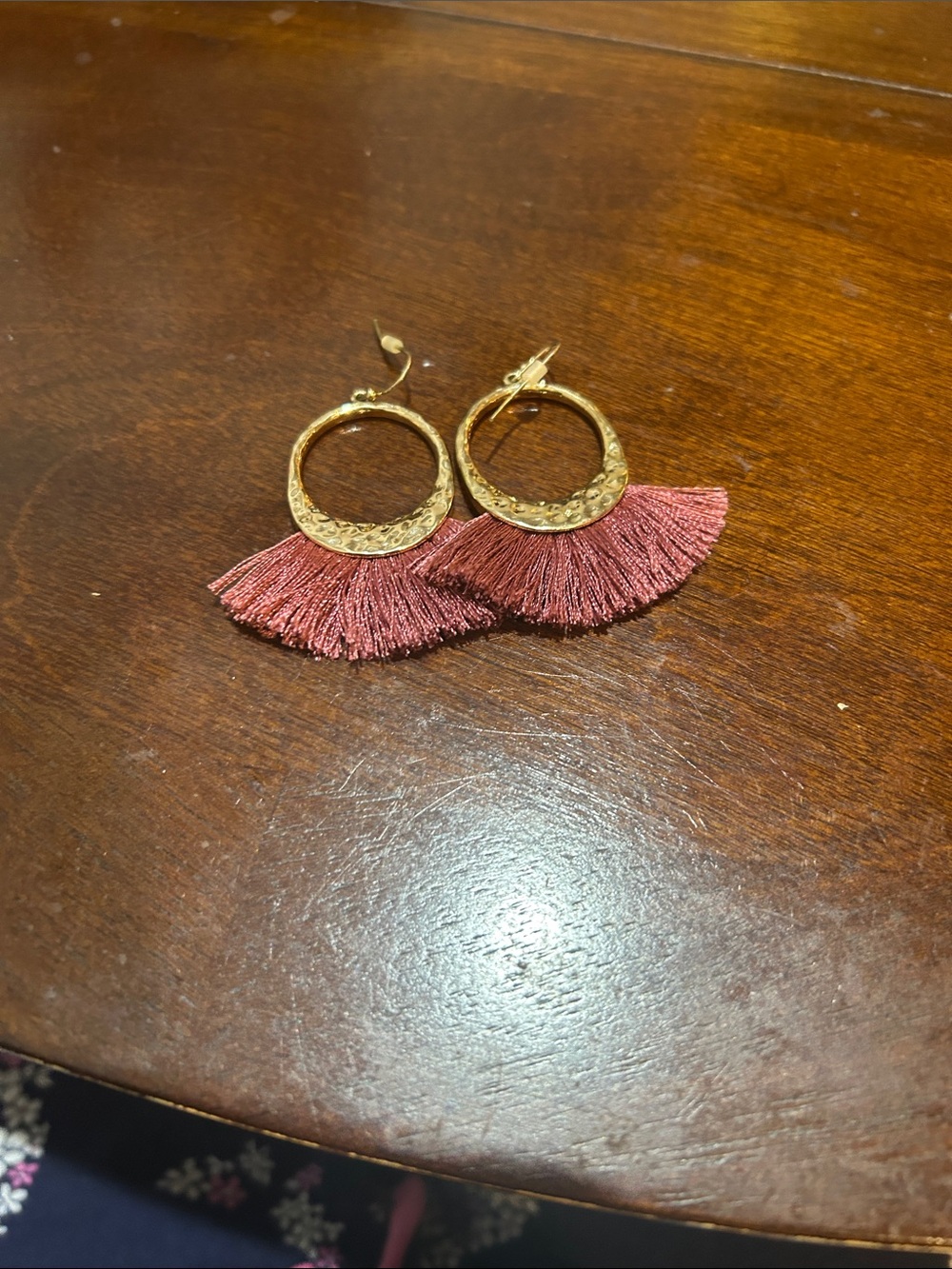 Charming Charlie Gold Hoop Earrings with Dusty Rose Tassel Fringe